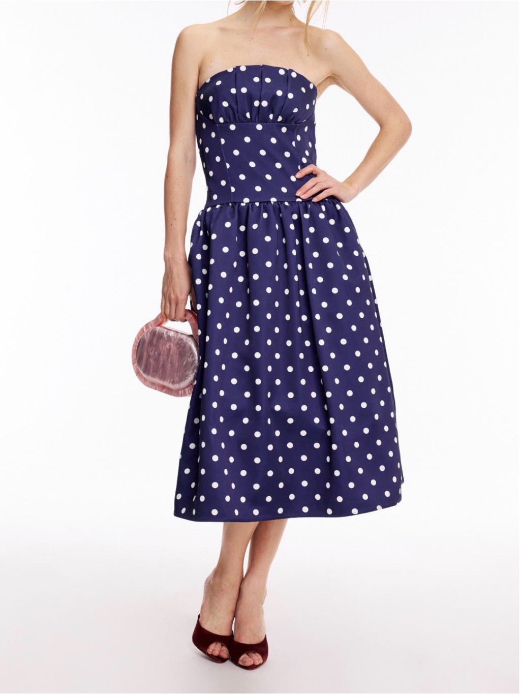 Strapless Navy Polka Dot Midi Dress